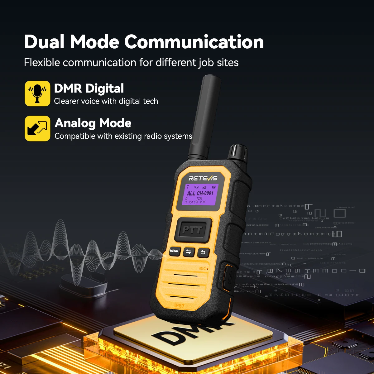 Retevis RB48D DMR Digitales Walkie-Talkie Dual-Mode Digital IP67 Wasserdicht Staubdicht Zwei-Wege-Funkgerät für Baustellen und Fabriken – Detail 4