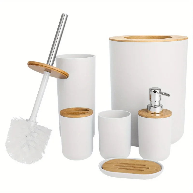 

6pcs Bathroom Accessories Bathroom Trash Can Toilet Brush Set Toothbrush Cup Lotion Bottle Soap Box with Pump