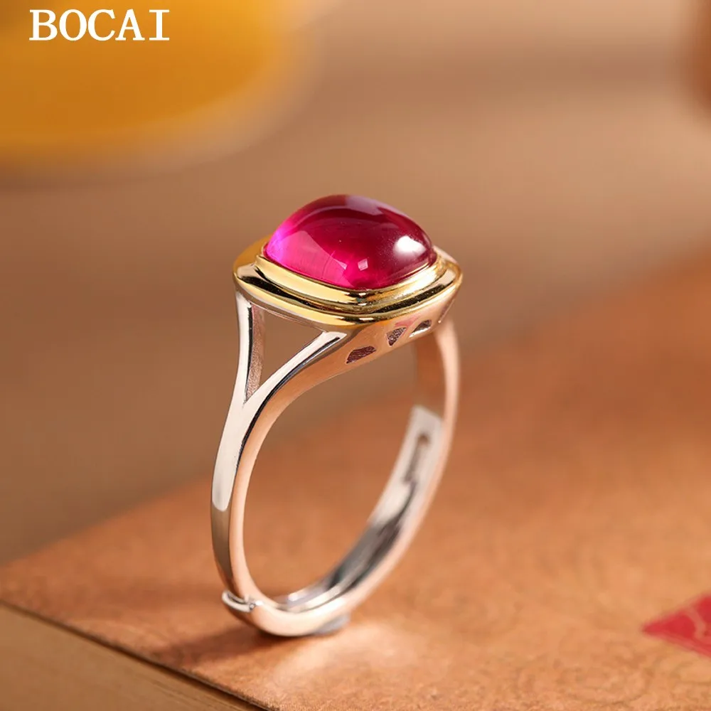 

BOCAI S925 Серебряное модное индивидуальное инкрустированное квадратное кольцо с красным корундом, женский подарок