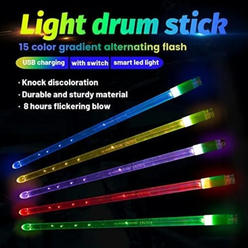 Naxilai Rechargeable Light Up Drumsticks with 15Color Changing Effects Acrylic Drum Sticks for Adults Glow in the Dark(2pcs)