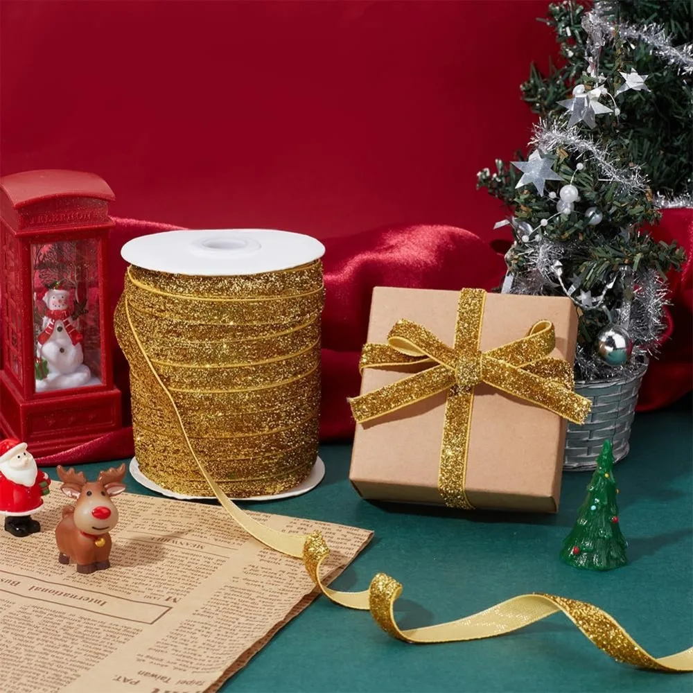 1Roll 50 Yards Metallic Glitter Ribbon Christmas Golden Sparkle Ribbon Decorative Craft Ribbon Single Face Wide Ribbon for Gift