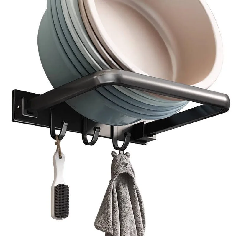 Foldable Wall-Mounted Basin Holder, Punch-Free Bathroom Basin Storage Rack with Hooks