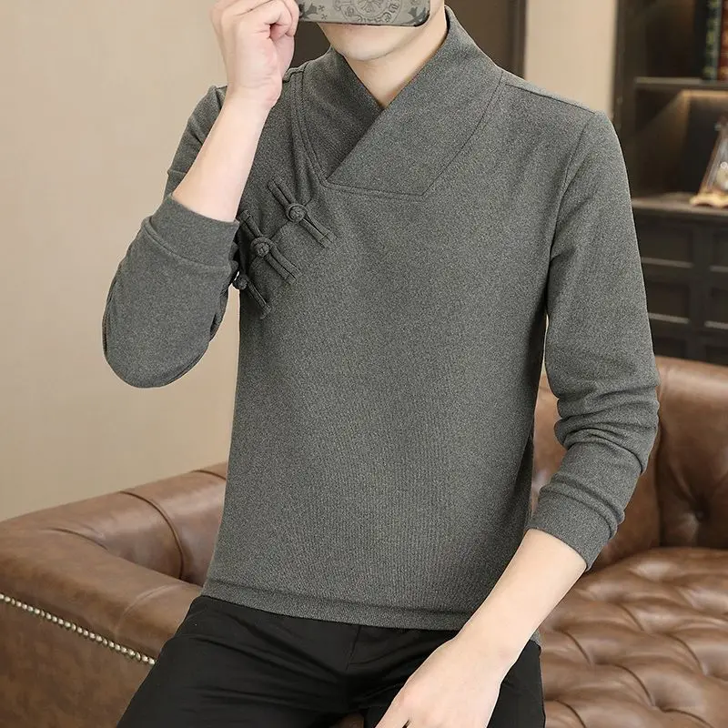 Spring and Autumn Simple Leisure Chinese Style Retro Thin Pure Color Base Long Sleeve T-Shirt for Men
