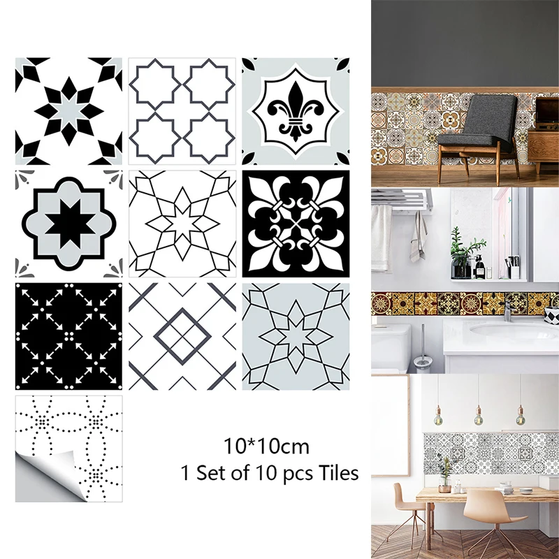 10Pcs/Set 10*10cm Retro Pattern PVC Tile Sticker Bathroom Kitchen Decoration Waterproof Wall Sticker Self-Adhesive Art Wallpaper