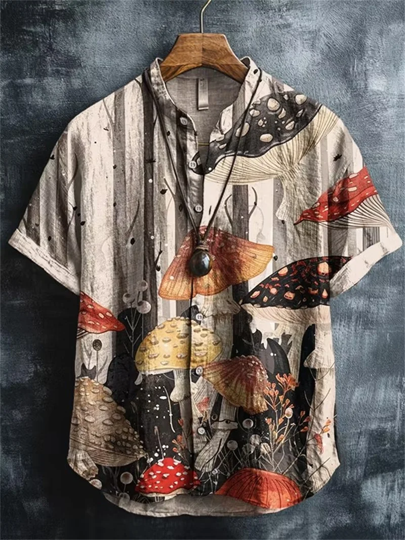New red and blue contrasting wave print short sleeved shirt with textured men's travel versatile casual top