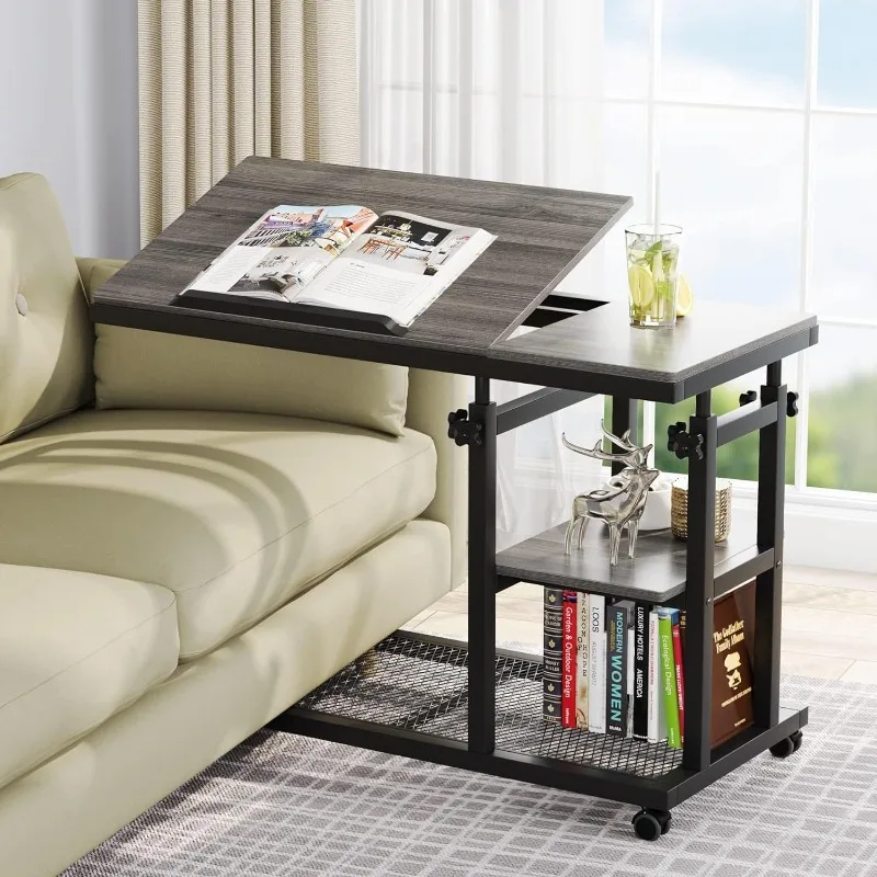 Mobile Couch Snack Side Table with Tiltable Drawing Board, Sofa Bedside Laptop Stand C Shaped TV Tray with Storage Shelves