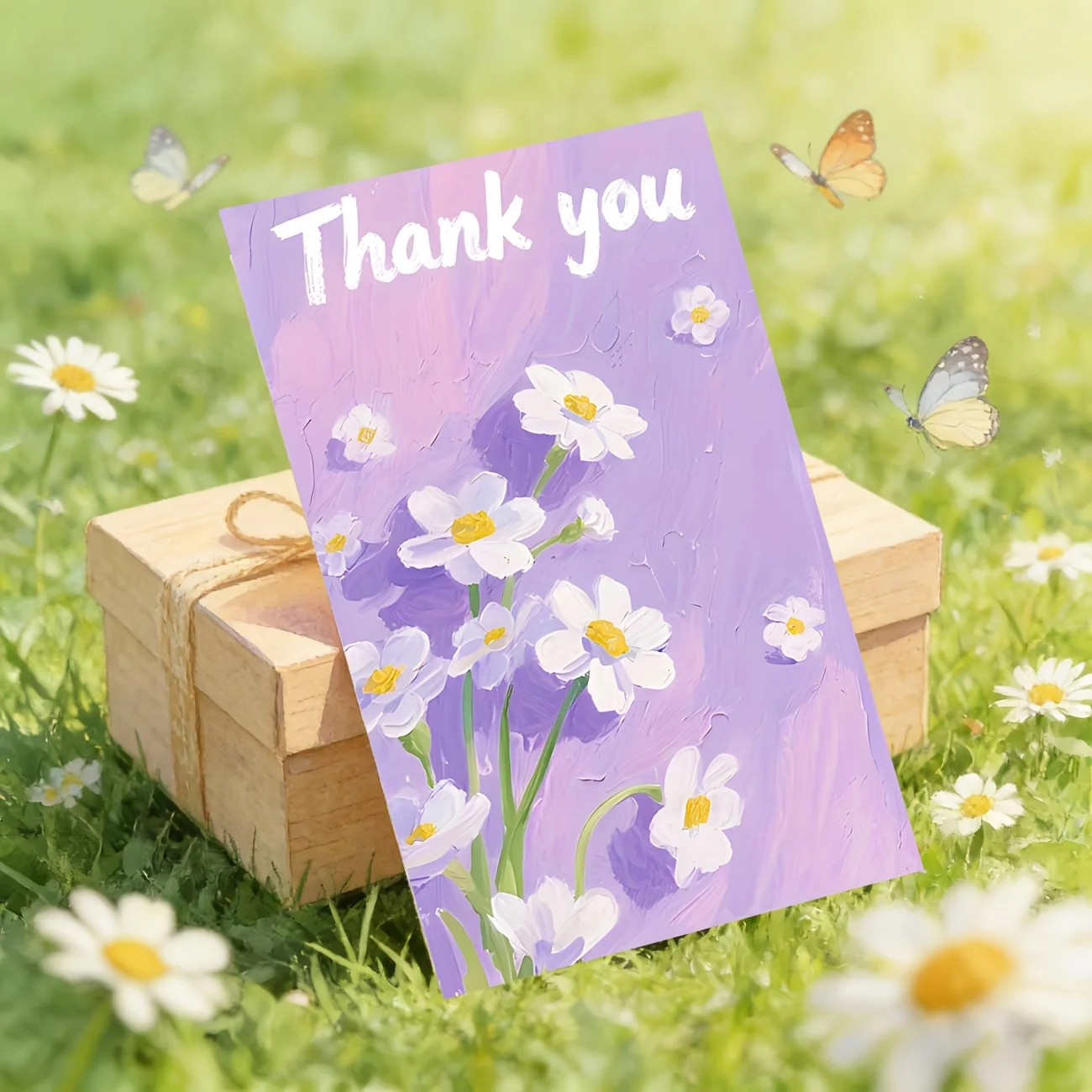50PCS Purple Background and White Flower Design Thank-you Cards, Used for Gift Packaging, Holiday Parties, and Other Occasions