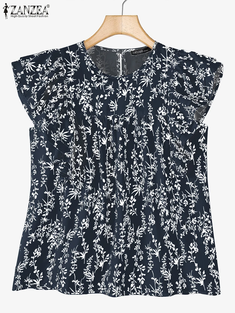 ZANZEA 2023 Sommer Frauen Tunika Bluse Kurzarm Rüschen Shirts Fashion Floral Gedruckt Casual Tops Lose Böhmischen Blusas Femme