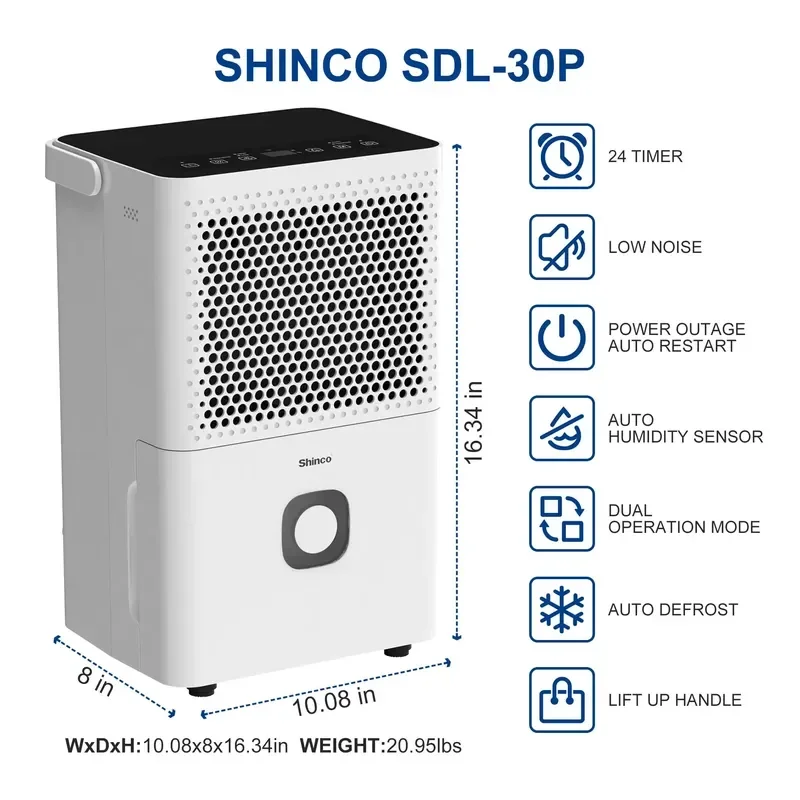 Shinco 30 Pints Dehumidifier for Home and Basements for 1500 Sq Ft with Drain Hose Auto or Manual Drainage