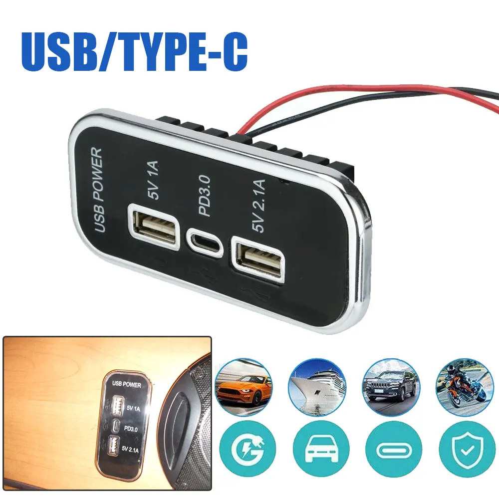 

18W PD 3 Ports Type-C USB Port Charger Car RV Fast Charger Socket Adapter Power Outlet Dustproof for Most 12V/24V Vehicles