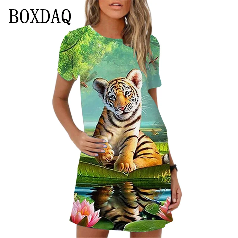 Fashion Cute Cartoon Dress For Womens Girls Sundress Summer Short Sleeve Dress Casual Animal Print Dress Oversized New 2024