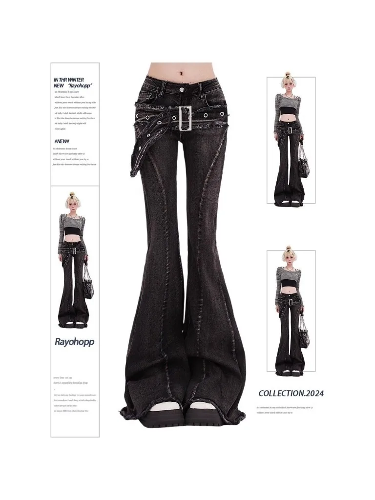 Vintage Slim Micro-flare Jeans Women Ins Fashionable Splicing Belt Edge Y2K Pants High Waist Straight American Street Trousers — zdjęcie 2