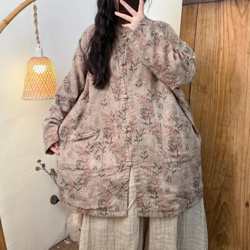 

Autumn New Arts Style Women Long Sleeve Loose Vintage Jackets Single Breasted Cotton Linen Print Long Coats High Quality