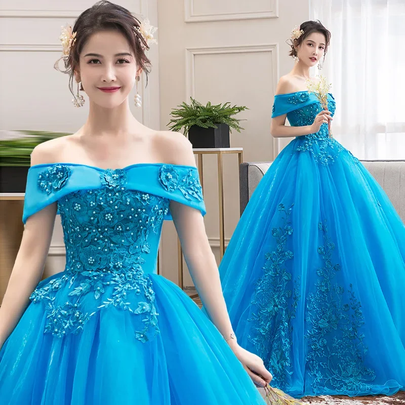 Blue Colored Yarn Summer New Art Test Dress Dance Singing Tutu Skirt Annual Meeting Host Evening Dress Performance Dress Female