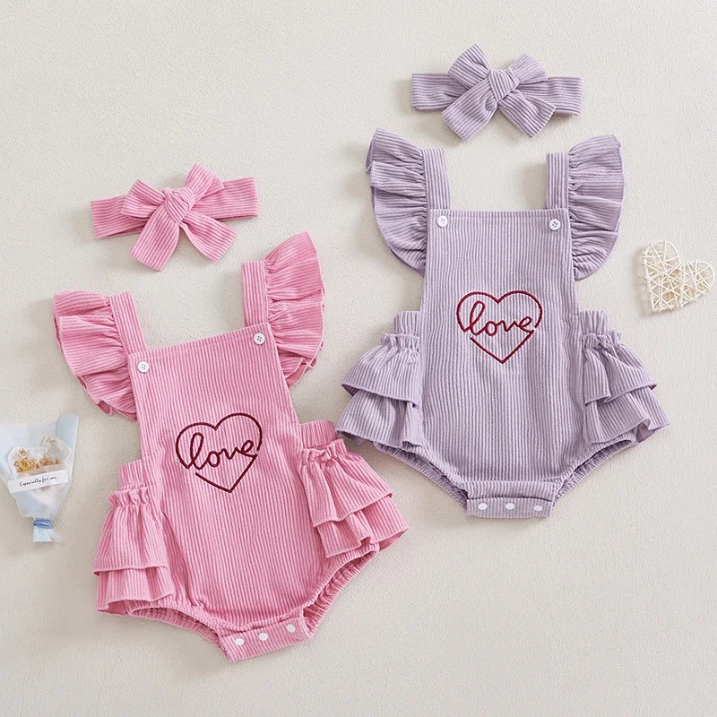 

Toddler Baby Girl Valentines Rompers Square Neck Letter Embroidery Flying Sleeves Jumpsuit with Headband For Newborn Clothes