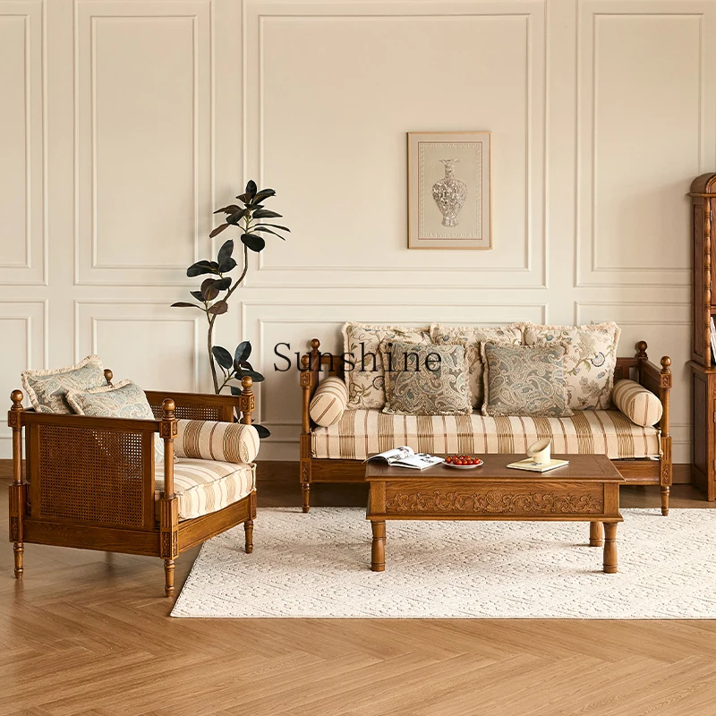 

American country solid wood rattan surface, widened, living room furniture retro inline combination sofa