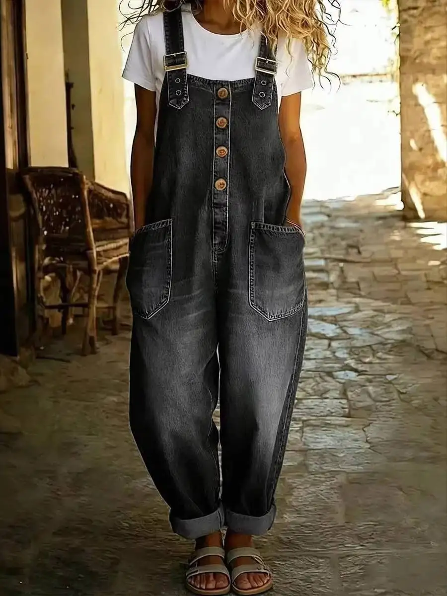 Retro Striped Loose Women's Casual Denim Long Pants Multiple Pockets Summer Overall Outfit Polyester Fiber Regular Thickness