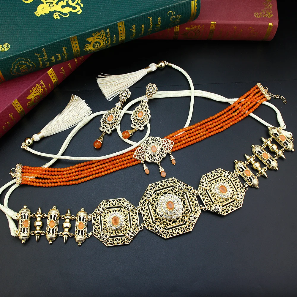 Neovisson Handmade Morocco Caftan Belt Beads Choker Necklace Long Drop Earring Arabic Bride Wedding Ladies Favorite Jewelry Gift