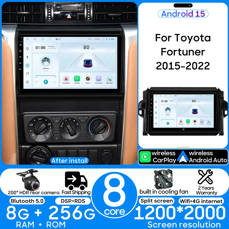 

Android Auto CarPlay for Toyota Fortuner 2015 - 2022 Car Radio Multimedia Video Player Navigation GPS Head Unit Wifi NO 2din DVD