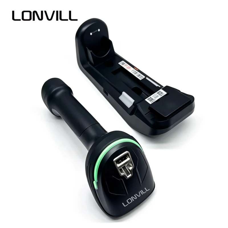 LONVILL 100m Long Range 2.4G Wireless Barcode Scanner Industrial Handheld 1D 2D DPM Code Scanber with Charging Dock