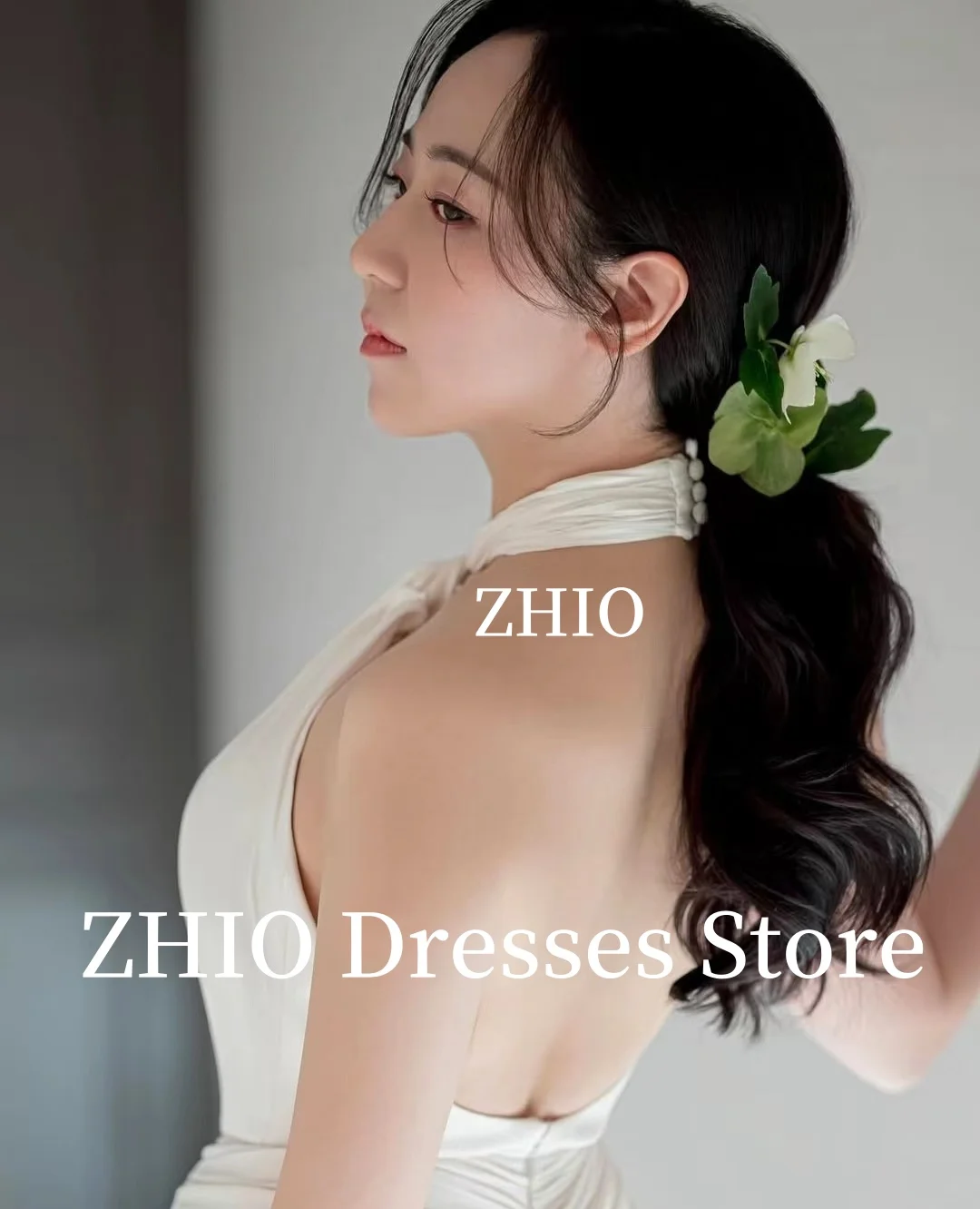ZHIO Elegantes Hochzeitskleid, Neckholder, Ausschnitt, rückenfrei, Falten, bodenlang, formelles Anlasskleid, Korea, Fotoshooting, individuell