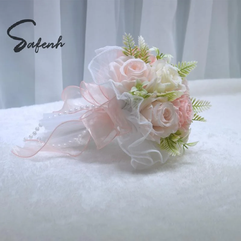Baby's Breath Romantic Wedding Bouquets Artificial Silk Flowers Exquisite Bridal Bouquet Ribbon Pearl Lace White Rose Bouquet