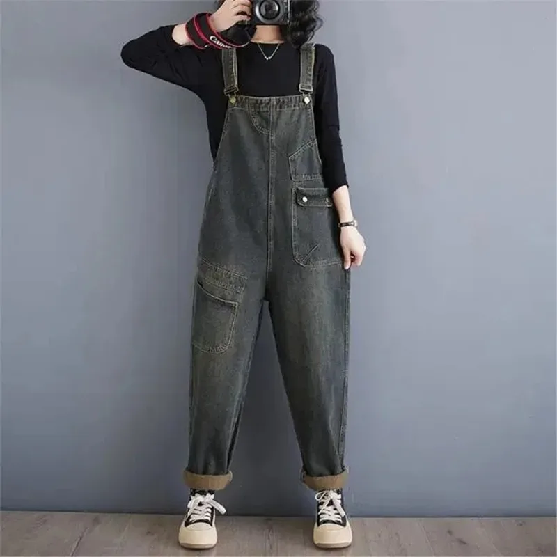 Autumn Women's Denim Jumpsuit 2024 New Literary And Artistic Oversized Loose Slimming Suspender Design Strap Jeans Overalls