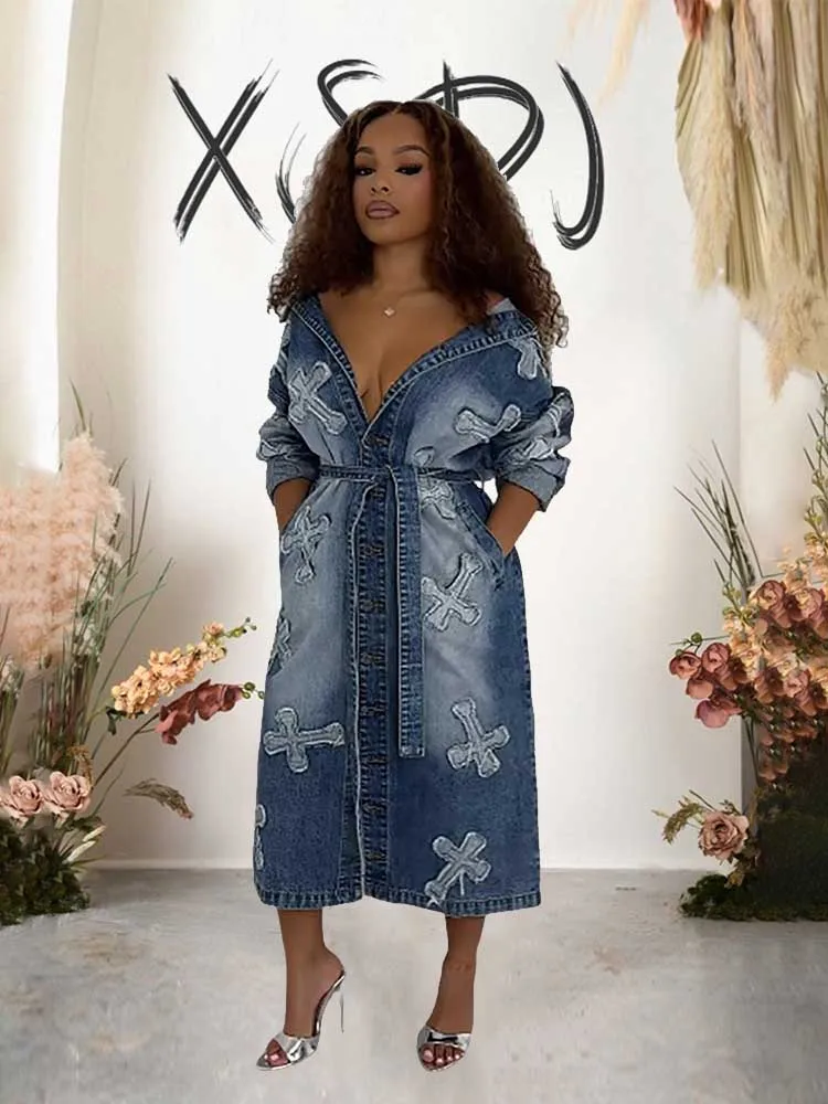 Cardigan Dress Female Winter Long Sleeve Denim Combined Dress Sexy Elegant Women Washed Blue Denim Dress Wholesale Dropshipping