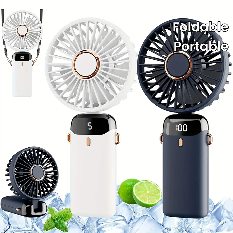 Mini ventilador de mano, ventiladores portátiles plegables para colgar en el cuello, ventilador recargable por USB de 5 velocidades con soporte para teléfono y pantalla de visualización de 1800 mAh