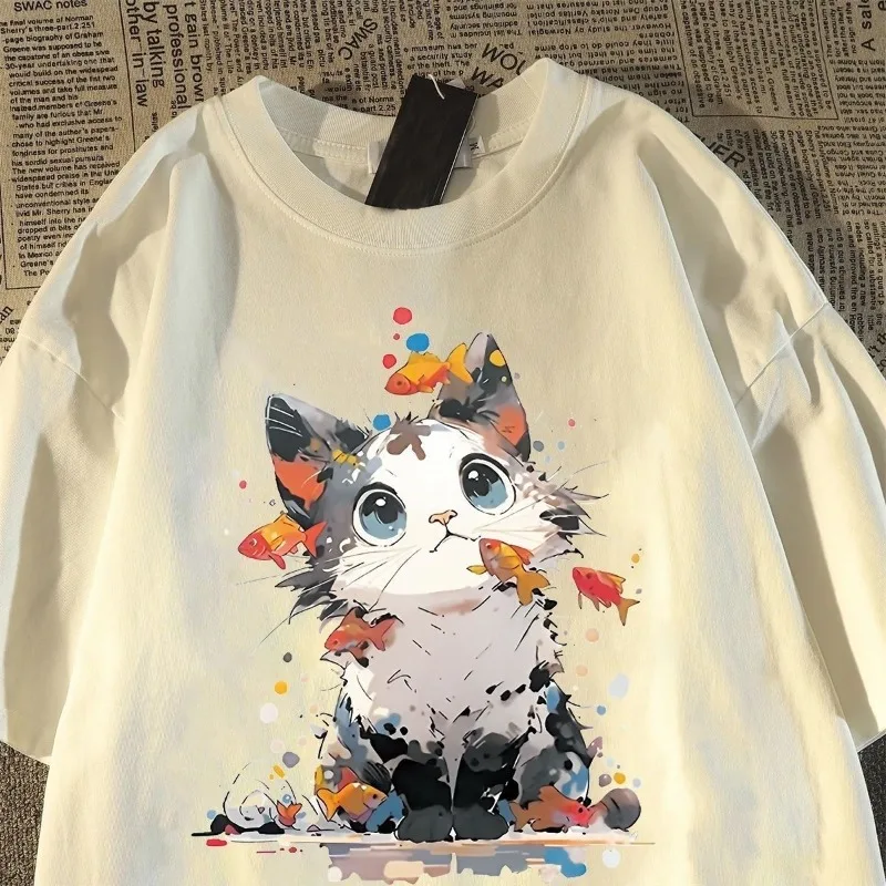 Japanese Chic Fish Kitten Cotton Short Sleeve T-Shirt Men's and Women's Summer New  Versatile Cotton Short Sleeves T-shirt