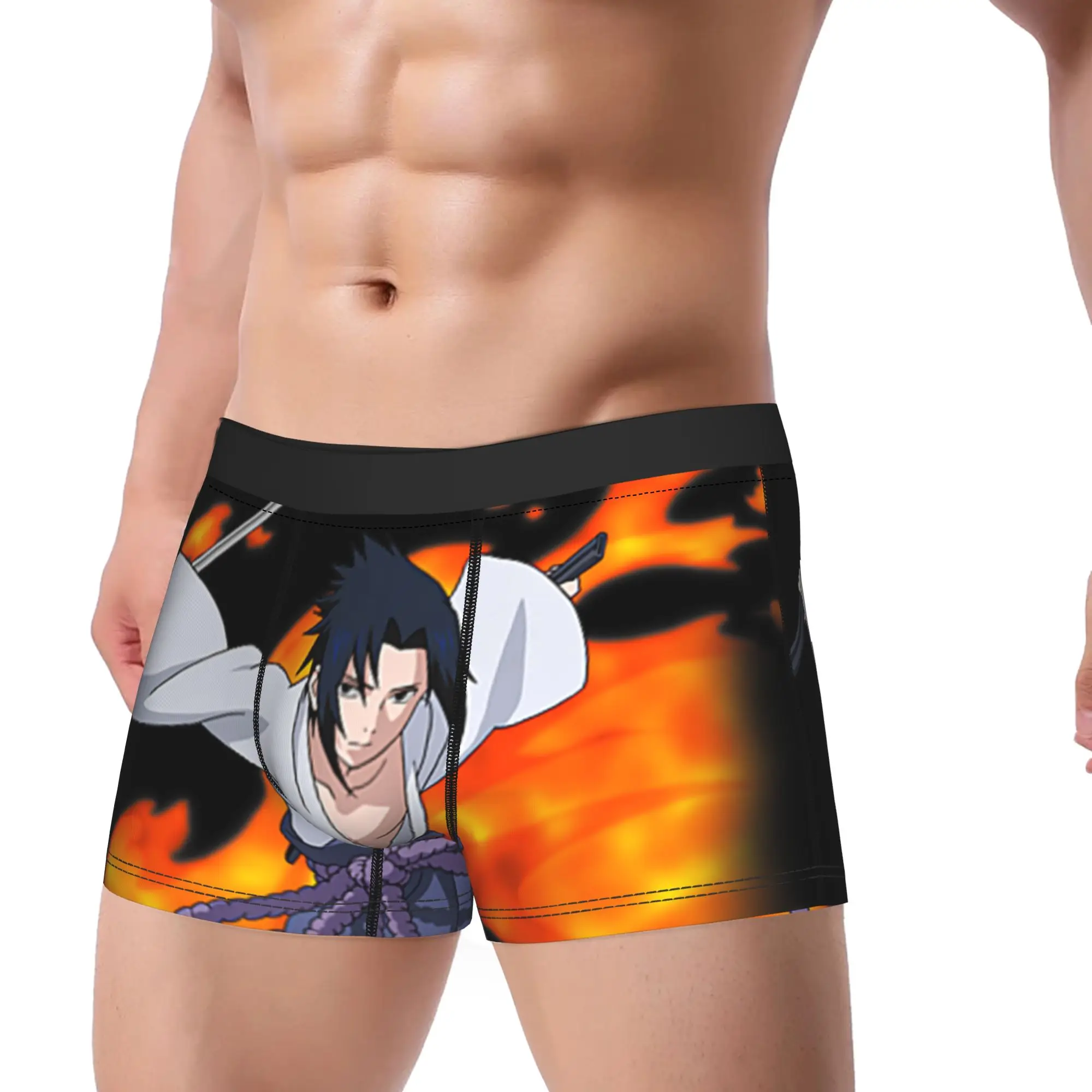 Naruto Shippuden Sasuke Stacked Flame Type  Underpants Homme Panties Men's Underwear Print Shorts Boxer Briefs