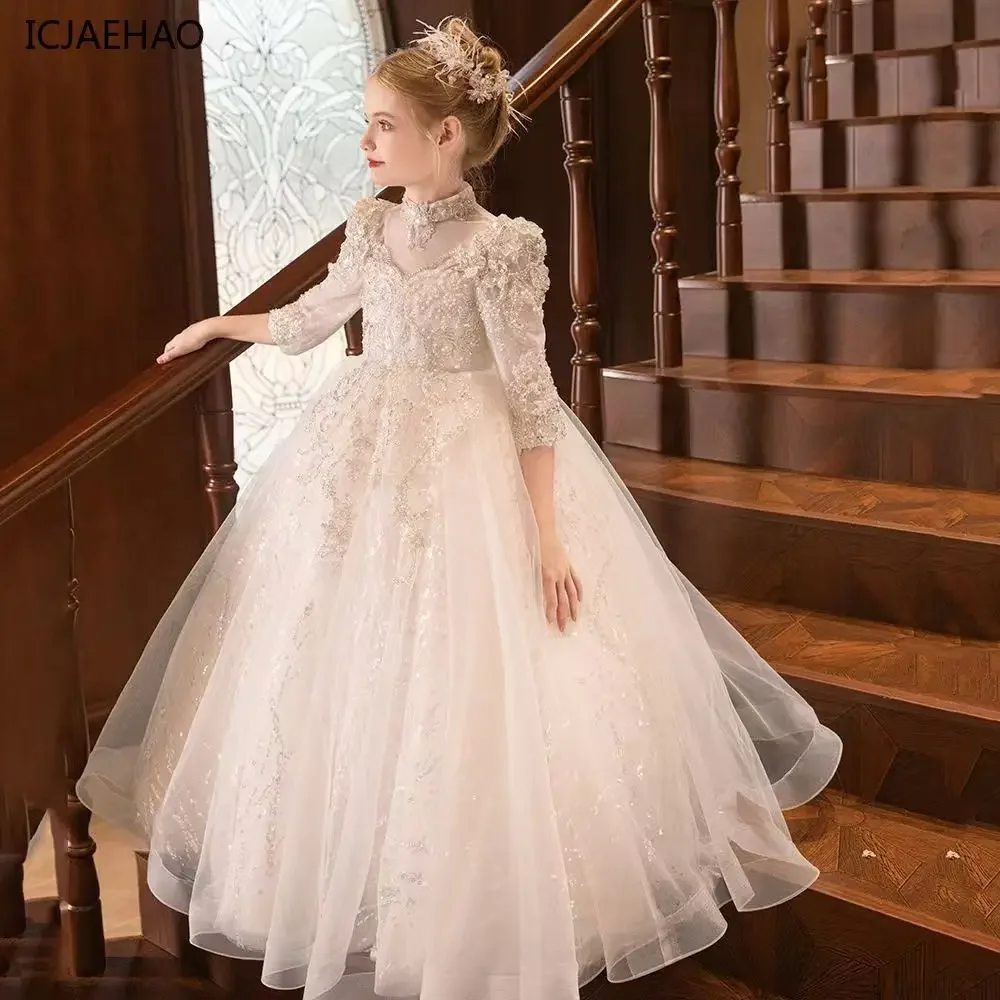 White Flower Girl Dress Glitter Sparkly Lovely Bead Floral Appqulies Princess Holy Communion Ball Gown Birthday Party Dresses