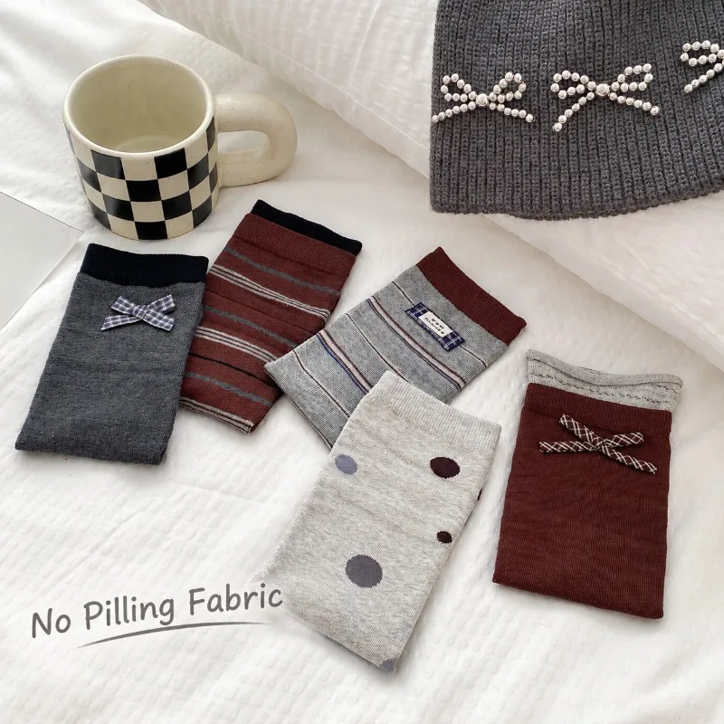 Women Mid Calf Socks Autumn Winter Ins Korean Style Bow Gray Coffee Striped Slouch Socks Versatile Long Hosiery for Ladies Daily view 4