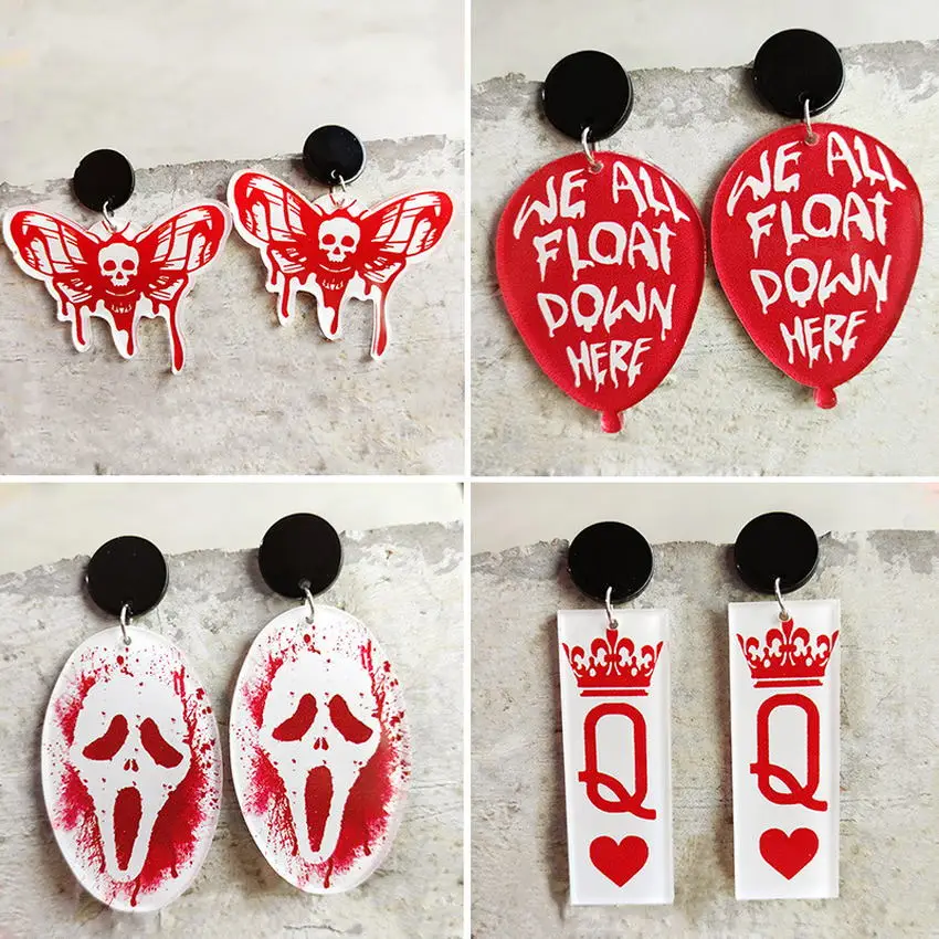 Halloween Cards Moth Skull Earrings Acrylic Red Balloon George IT Spooky Season Halloween Jewelry Acrylic Clown