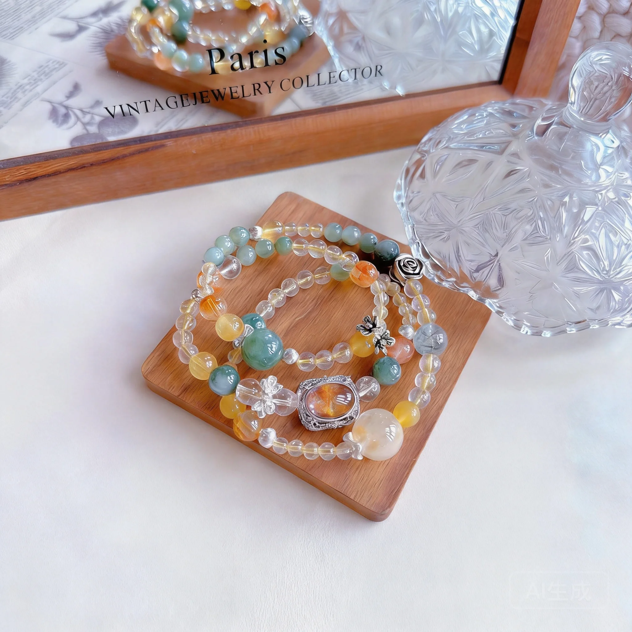 Chinese Style Lucky Three Layer Natural Phantom Crystal Green Rutilated Quartz Yellow Fluorite Beaded Bracelet 6-7mm Fortune Att