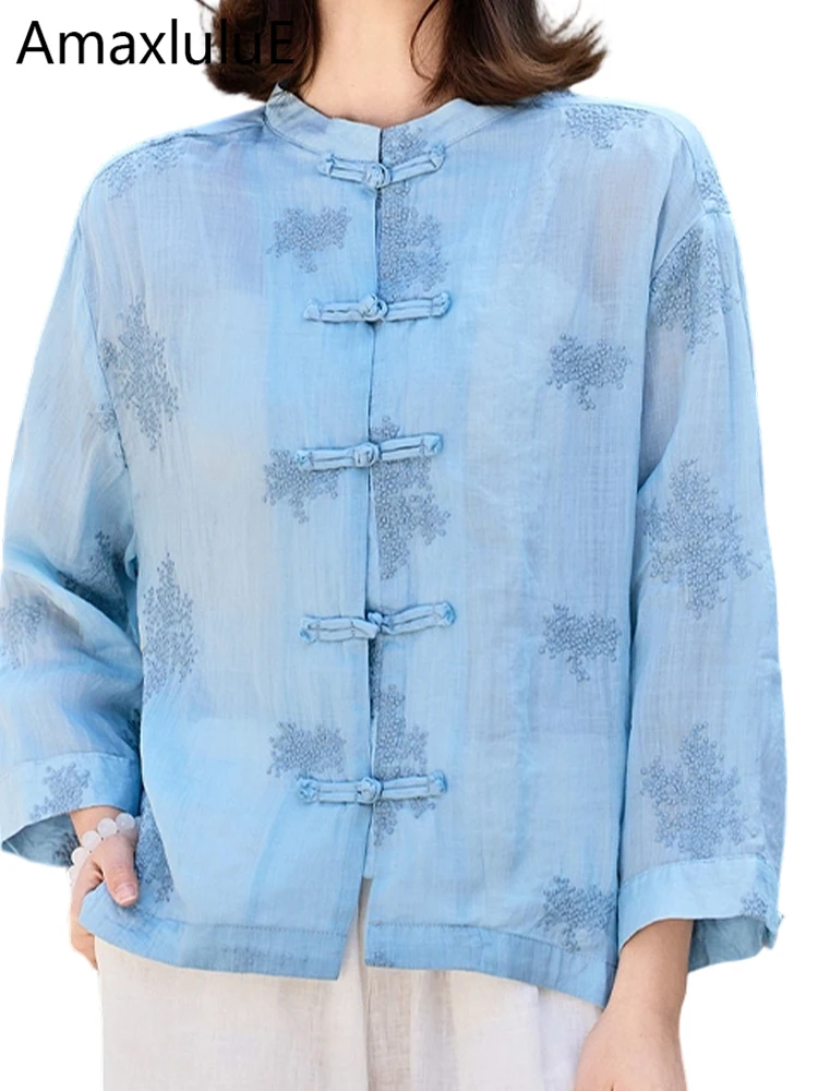 

Amax LuluE Винтажные классические элегантные рубашки для женщин, топы с китайским принтом, женская мода 2026, летние повседневные роскошные блузки