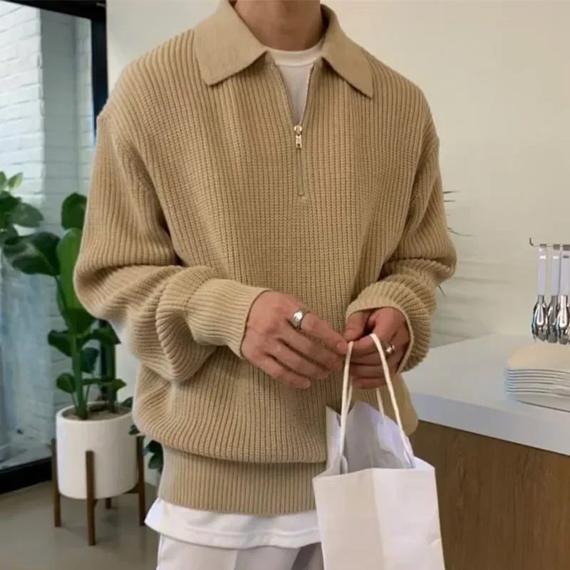 ผู้ชายครึ่งซิป Turn-Down COLLAR เสื้อกันหนาวชายเสื้อถักฤดูใบไม้ร่วงฤดูหนาวสบายๆถักเสื้อสีทึบแขนยาว Pullovers
