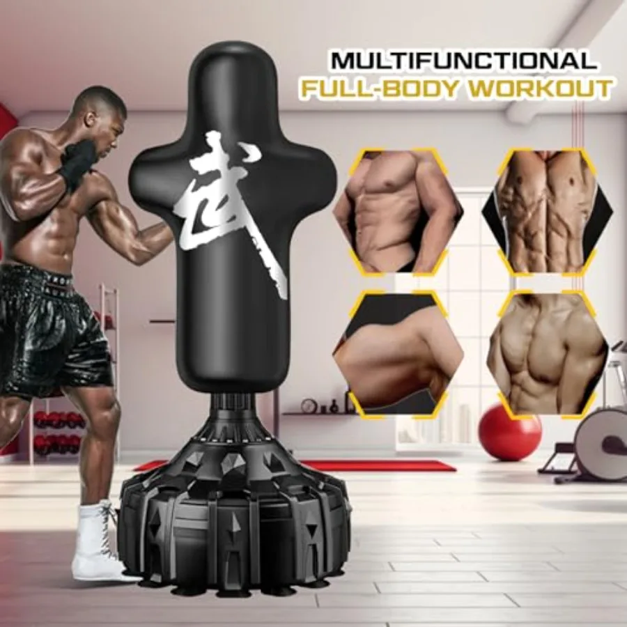 حقيبة ملاكمة قائمة بذاتها مقاس 70 بوصة مع قفازات ملاكمة حقيبة كيك بوكسينغ شديدة التحمل للرجال البالغين مع قاعدة كوب شفط باللون الأسود