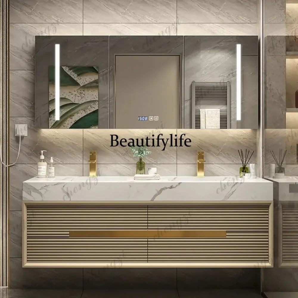 M07 Bathroom Cabinet Light Luxury Rock Plate Washstand Modern Washbasin Toilet Wash Basin Combination Suit Oak Milk Tea Color