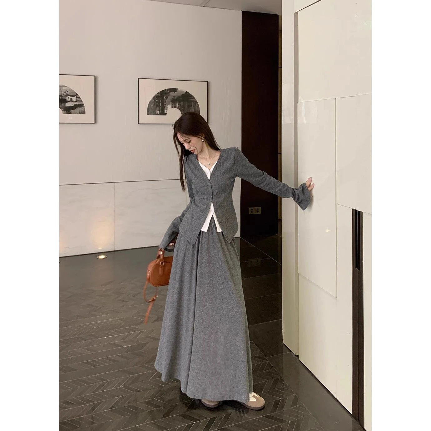 Women's V-Neck Long Sleeve Knitted Top High Waist  Skirt Casual Early Autumn Set Slimming Effect Color Block Design