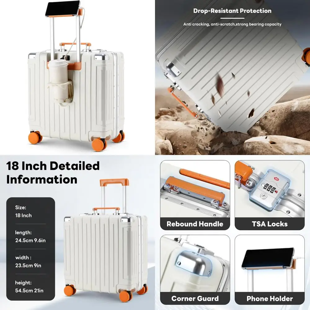 Maleta de mano liviana rígida de 18 pulgadas aprobada por TSA con portavasos y cerradura TSA para viajes