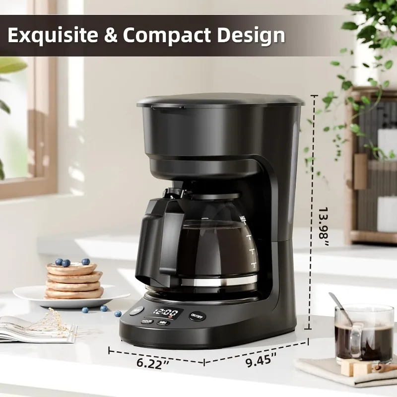 5-Cup Mini Drip Coffee Maker with Reusable Filter,Convenient and User Friendly,Black with Auto Pause,Serve Function,Glass Carafe