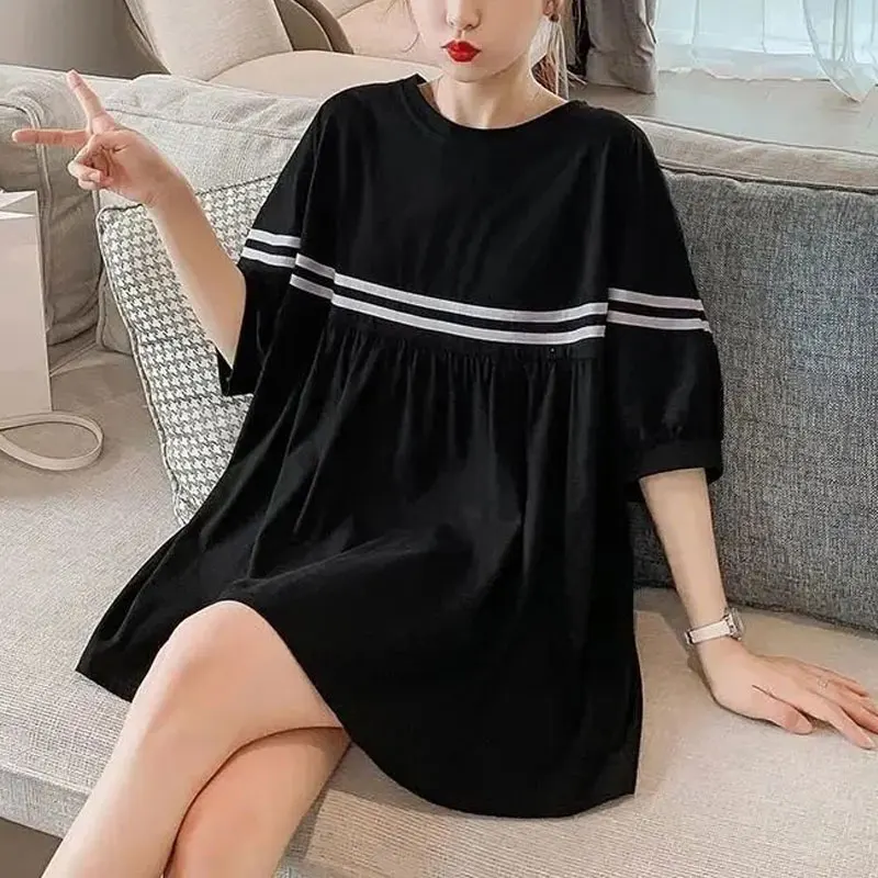 

Fashion Korean Spliced Loose Shirt Summer New Half Sleeve Commute Female Clothing Solid Color Casual All-match Round Neck Blouse