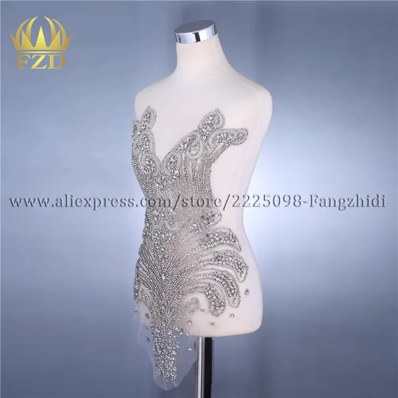 FZD 1 Piece Silver All rhinestones Crystal Stone Beaded Bodice Patches beads Apprarel for Wedding Dresses, DIY Decorative Cloth