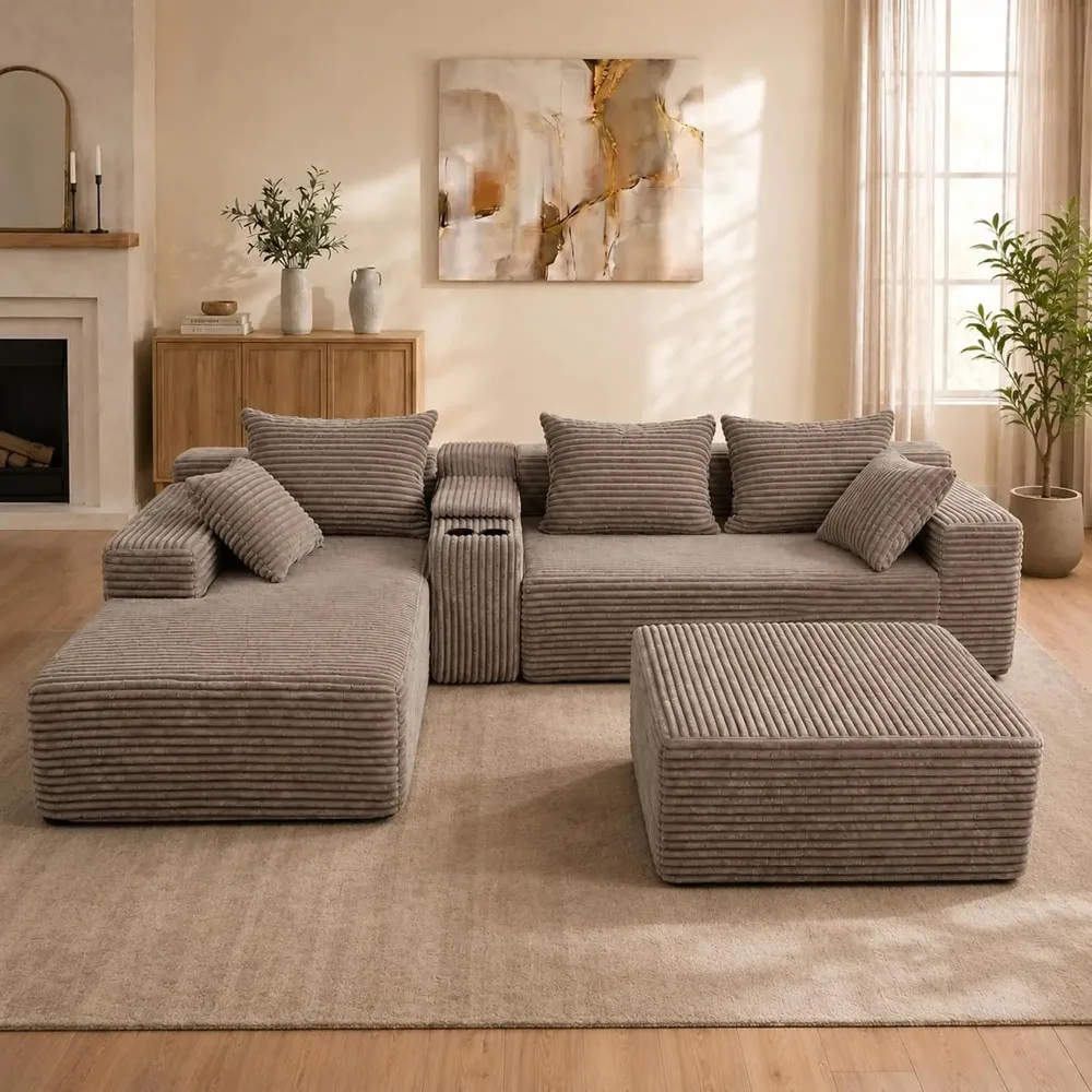 144-Inch Modular U-Shaped Sectional Sofa, 6-Seat Corduroy, Coffee Brown | Soft corduroy upholstery with deep foam, Custom