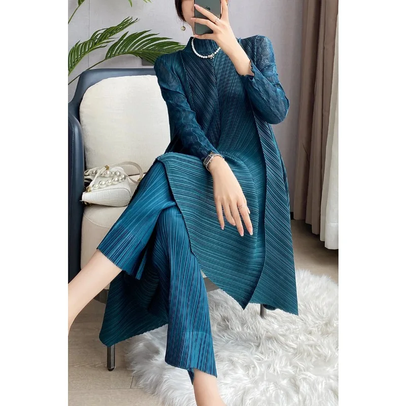 Miyake Set Women\'s Pants Two Piece Set 2023 Autumn/Winter New Loose Casual Set Lace Fashion Long Skirt Top Pencil Pants