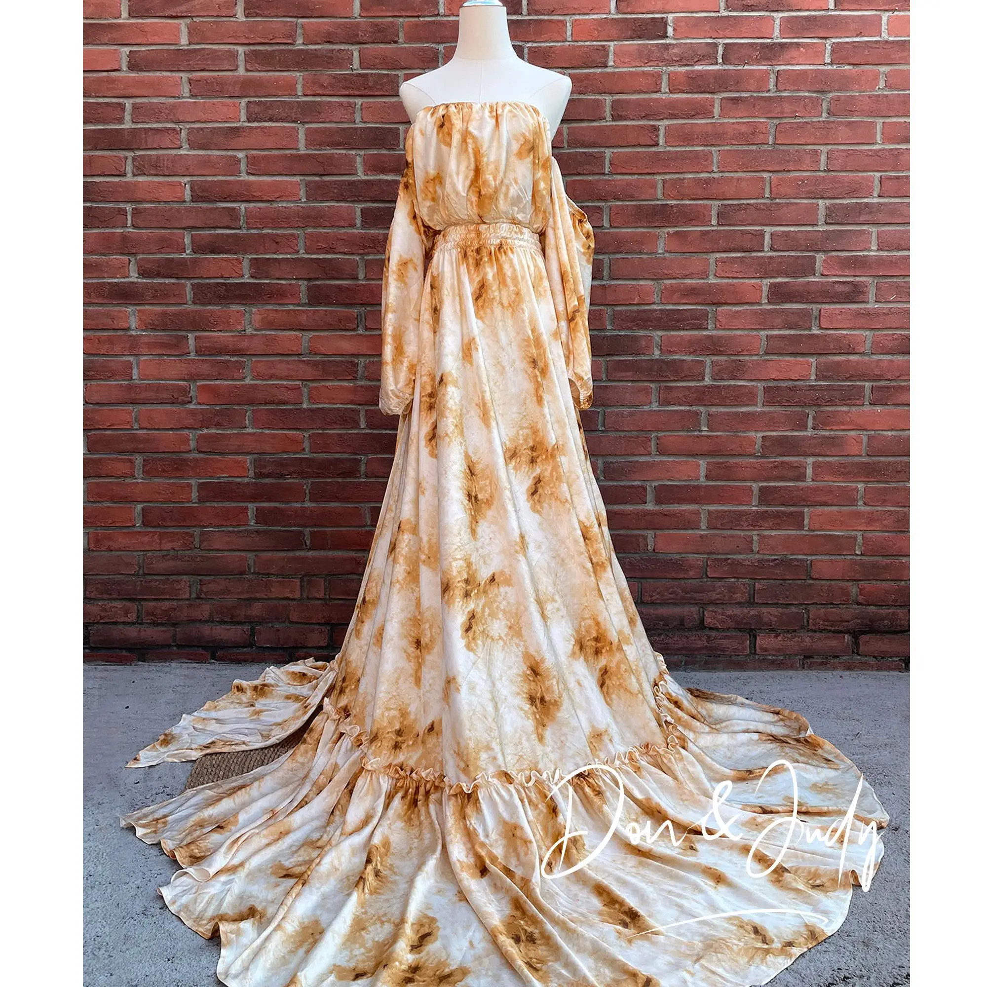 

Don&Judy Chiffon Dress For Pregnant Woman Photography Lantern Sleeve Side-Slit Two-Piece Set Tie-Dye Gown Maternity Dress