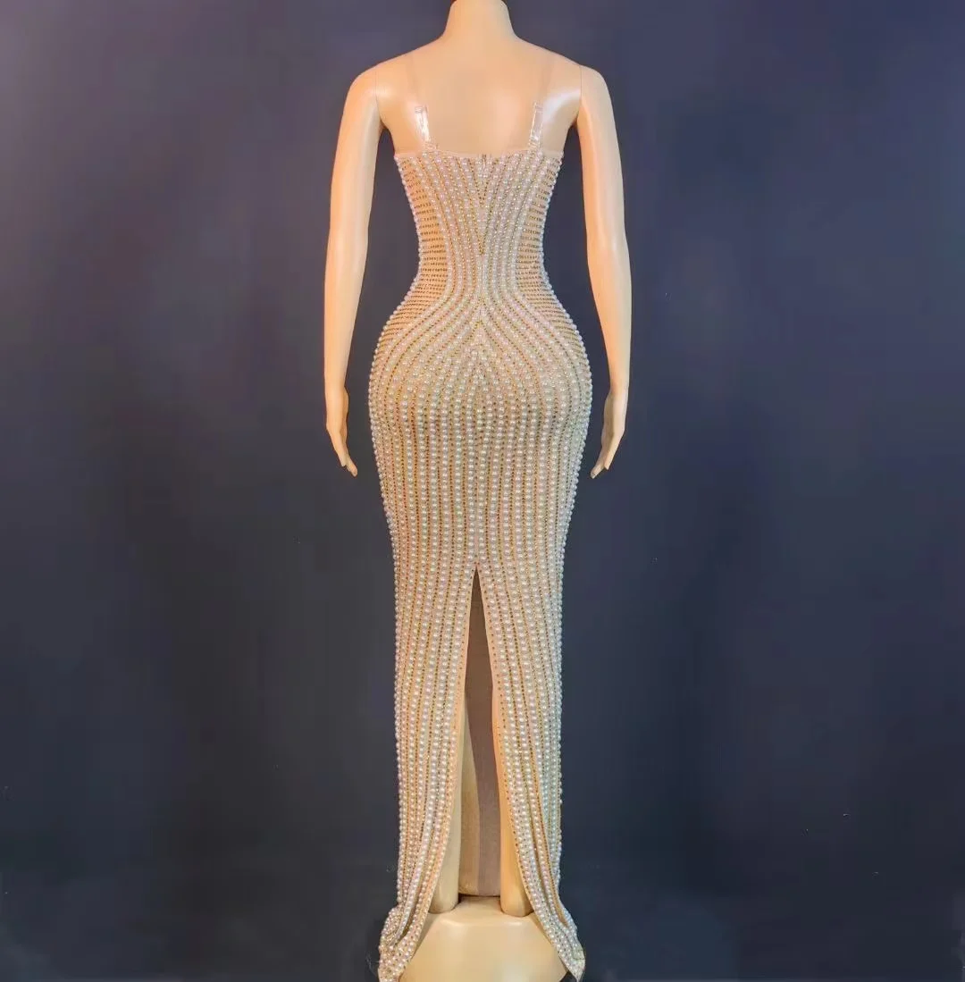 Maßge schneiderte neue sexy Spitze transparente Diamant Perle Pailletten Feder Wasser Diamant Wrap Hüfte Kleid langes Kleid Performance-Kleid