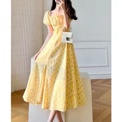 Summer New Women's 2024 Fashion Square Collar Floral Lace Up Elegant Slim Sweet Simplicity Commuter Short Sleeve Casual Dresses