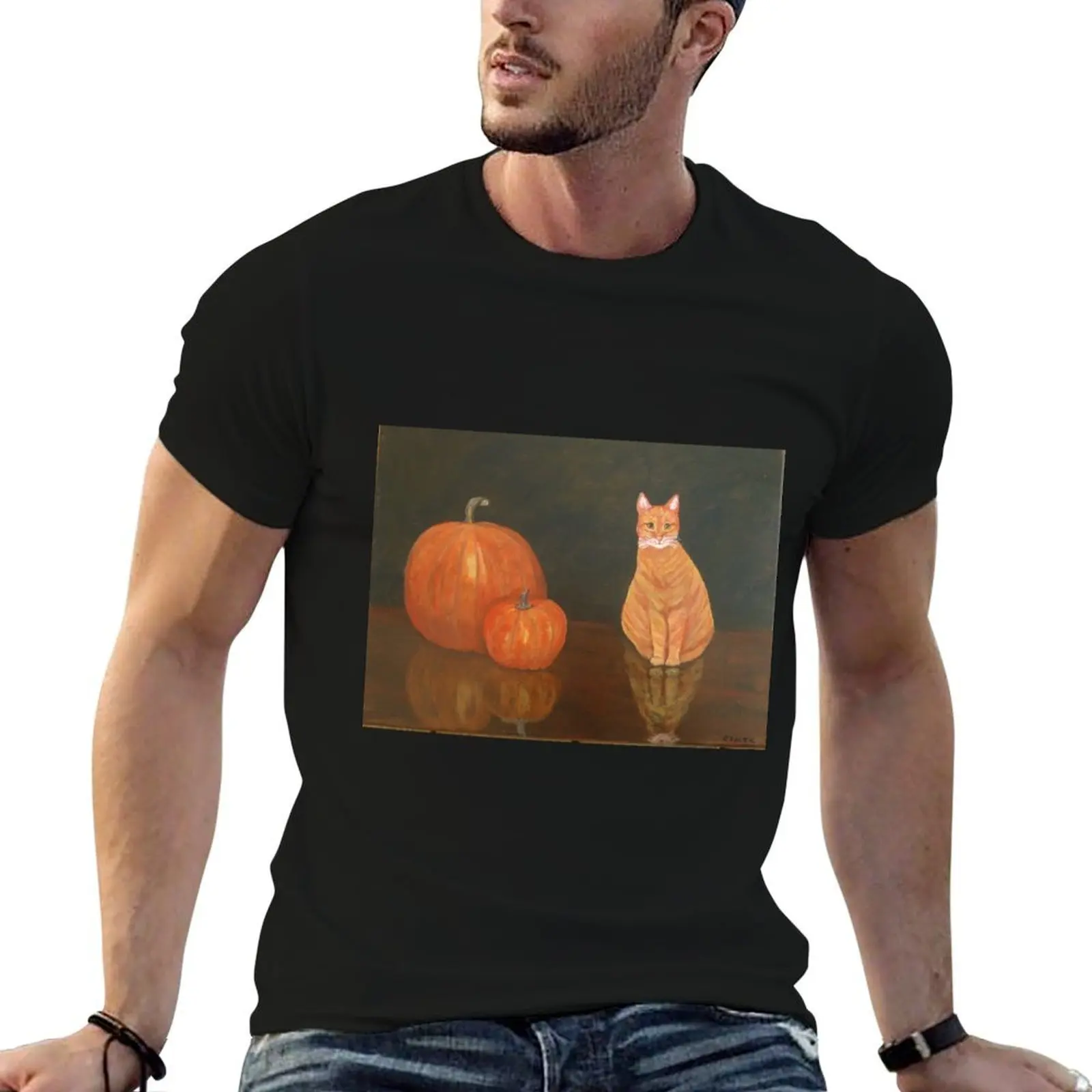 Orange Tabby cat and Pumpkins T-Shirt Basic Breathable Solid Color T-Shirt